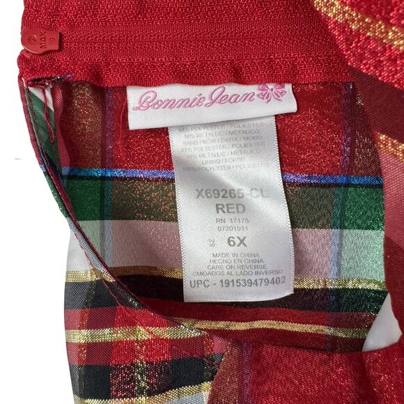 BONNIE JEAN Holiday Metallic Plaid Dress Size 6X Girls Red Green White Party Bow - Picture 3 of 5